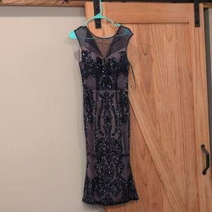 Blue Sleeveless V-Neck Midi Sheath Dress for Cocktail